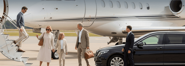 Family and advisors boarding a private jet, with a luxury car waiting on the tarmac. Human images in this ad were created using AI.
