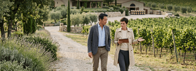 Two professionals in conversation walking through a vineyard. Human images in this ad were created using AI.